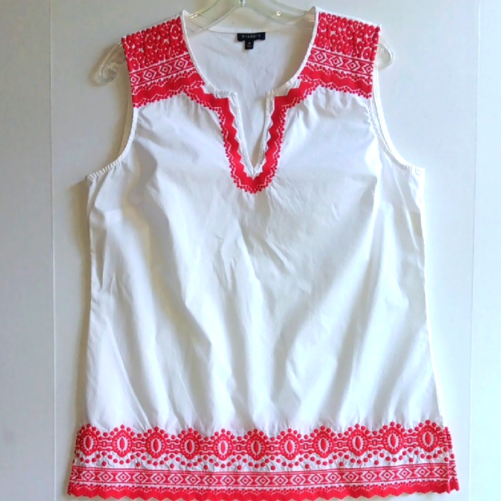 TALBOTS WHITE & RED  EMBROIDRED WOMEN'S TOP SIZE M